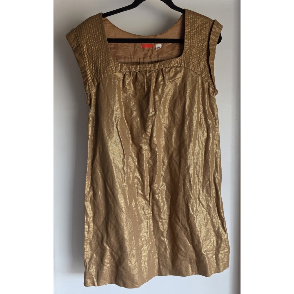 Lux. Mini Dress Women M Gold Square Neck Short Sleeve Linen